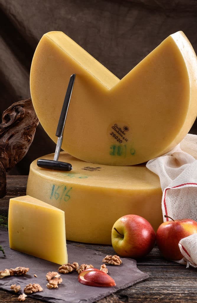 Käselaibe vom Gailtaler Almkäse g.U. mit Äpfeln